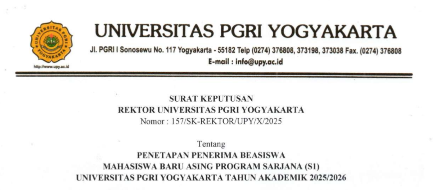 PENGUMUMAN PENERIMA BEASISWA MAHASISWA BARU ASING UPY TA 2025/2026