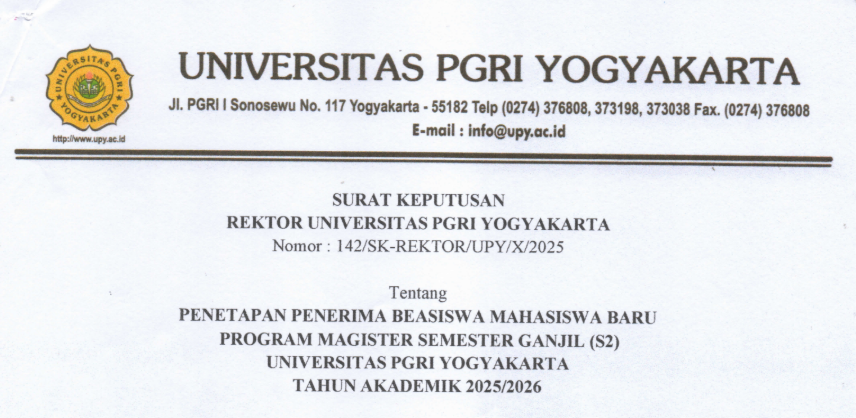 PENGUMUMAN PENERIMA BEASISWA MABA S2 UPY TA 2025/2026