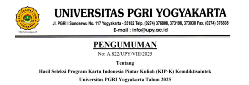 PENGUMUMAN PENERIMA KIP KULIAH UPY DAN KIP USULAN MASYARAKAT 2025