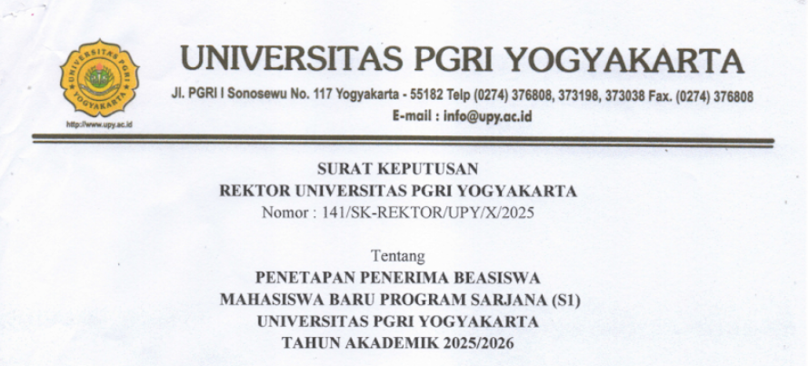 PENGUMUMAN PENERIMA BEASISWA MABA S1 UPY TA 2025/2026