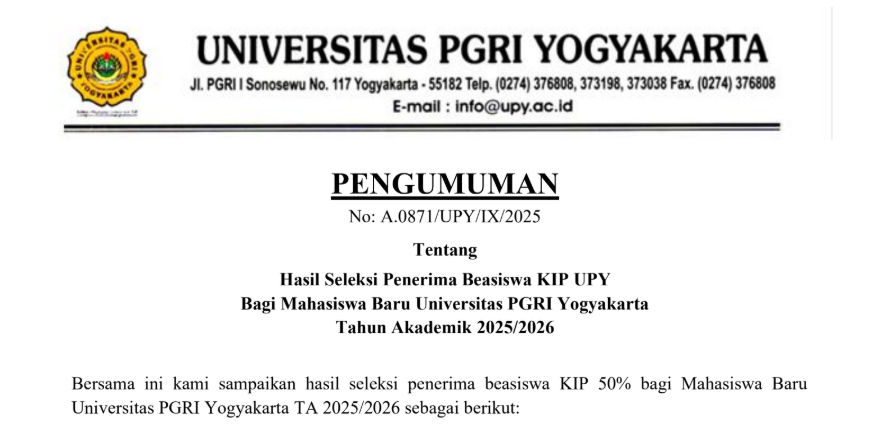 PENGUMUMAN PENERIMA KIP UPY (POTONGAN BIAYA DAFTAR ULANG DAN UKT 50%) TA 2025/2026